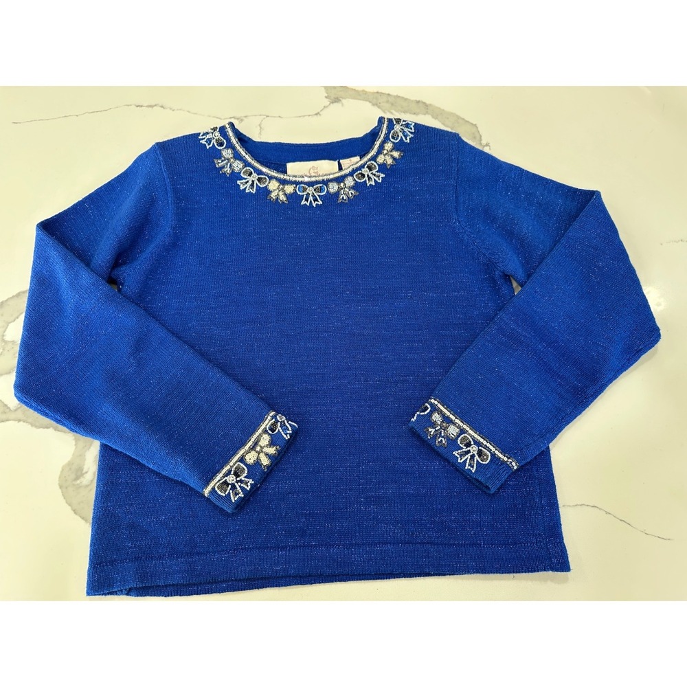 Janes Closet Blue Beaded Bow Sequin‎ Knit Sweater Ramie Cotton Metallic Small
